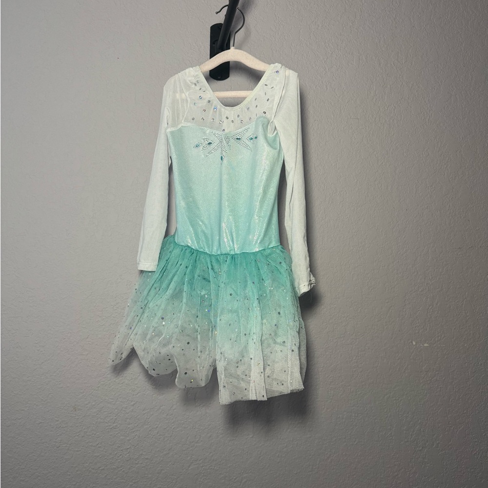 White and Blue Dance Costume with Long Sleeves and Flared Skirt